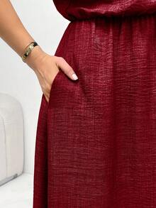SHEIN Essnce Đầm nữ cỡ lớn thời trang xuân hè, dáng rộng thoải mái, đa năng, cổ chữ V, tay ngắn, ôm eo, dài ngang gối, màu xanh dương, có túi, phong cách châu Âu mùa hè, trang phục giáo viên cho nữ, đầm chống nắng, kiểu dáng đơn giản - Đỏ - Xem 7
