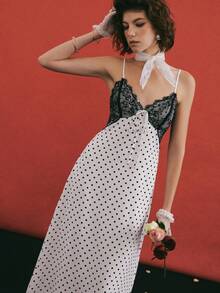 Poéselle 波点印花蕾丝拼接优雅吊带裙 - 黑與白 - 查看 5