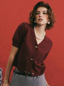 Poéselle Áo len ngắn tay đơn sắc tối giản dành cho nữ, thích hợp mặc hàng ngày. - Màu Đỏ Sâu - Xem 4