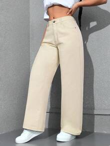 SHEIN Tall 女款休閒日常斜口袋中腰直筒水洗牛仔褲，適合高個女性 - 米色 - 查看 6