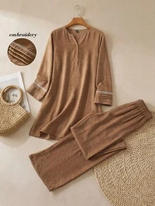 Rusticease 2pcs Women Elegant Casual Embroidered Detail Notched Neck Long Sleeve Top And Pants Set - Mocha Brown - View 3