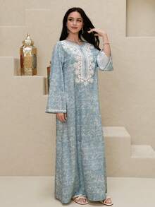 Al Najma 女士优雅印花阿拉伯风格连衣裙 - 藍色 - 查看 7