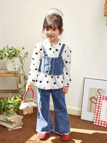 Genkimix Kids 3pcs/Set Toddler Young Girl Korean Style Polka Dot Heart Puff Sleeve Ruffle Hem Blouse + Denim Cami Top + Denim Jean Flare Pant, Little Girl Denim Set - Multicolor - View 6