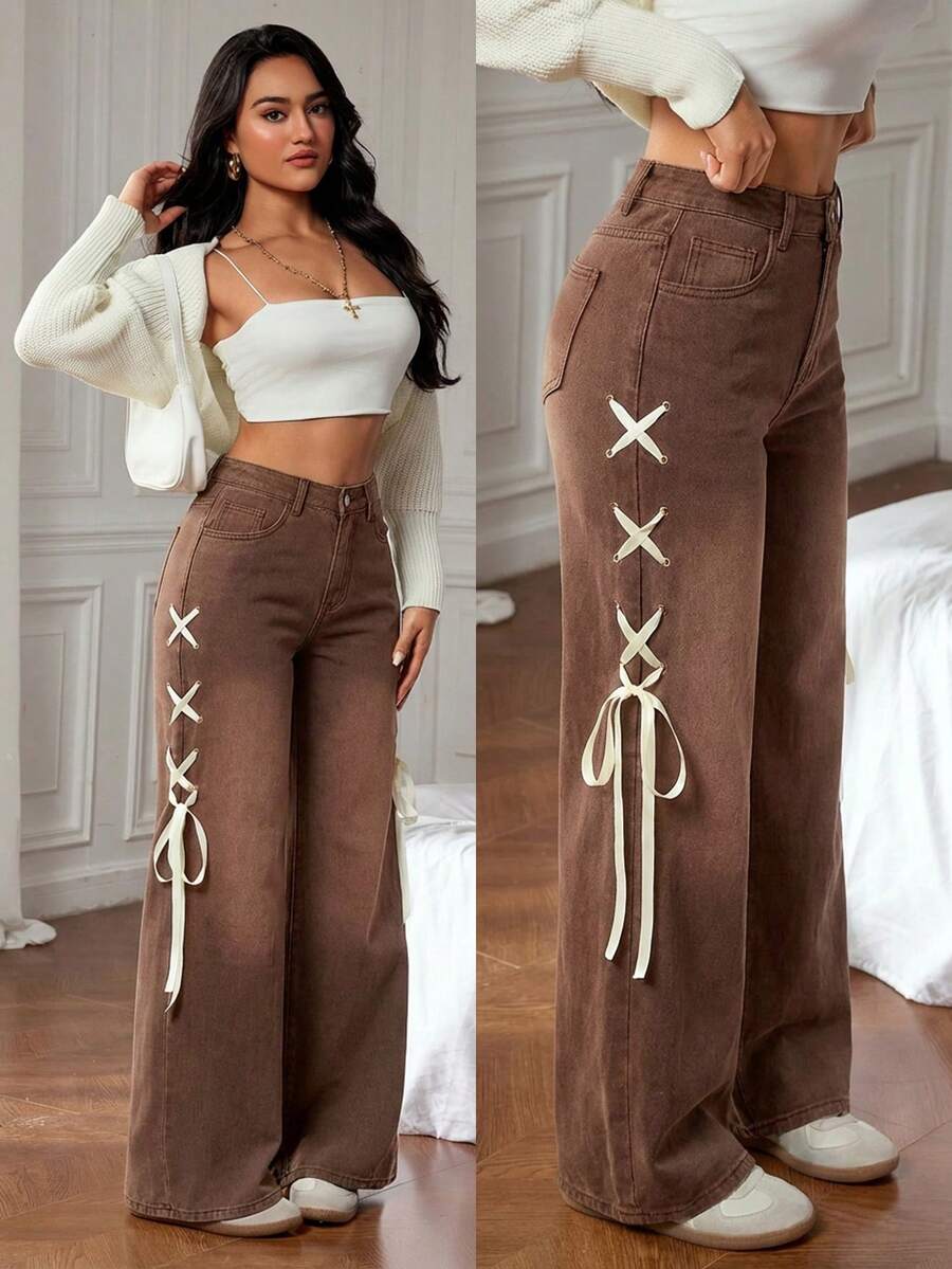 SHEIN Tall 女士高腰镂空系带口袋阔腿宽松时尚牛仔裤 - 咖啡棕 - 查看 1