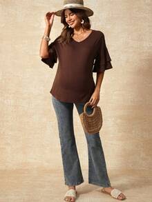 SHEIN Women's Brown Maternity Summer Casual T-Shirt,Bohemian V-Neck Short-Sleeved Ruffled Loose Tops,Babyshower Coffee Brown Shirt Wear - Coffee Brown - View 5