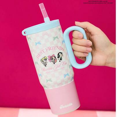 THE POWERPUFF GIRLS X Joivida Bình giữ nhiệt/cốc cà phê bằng thép không gỉ 24oz có tay cầm và ống hút, chống rò rỉ, cách nhiệt (giữ đồ uống nóng hoặc lạnh)
