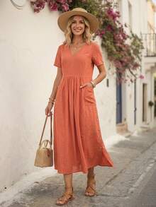 Faunlyn 女士中长款纯色短袖V领连衣裙，夏季时尚 - 橘色 - 查看 3