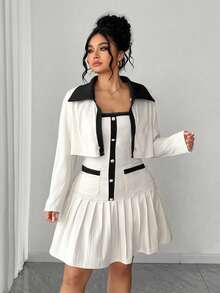 Elenzga 两件套优雅法式撞色套装：翻领双排扣短款外套 + 吊带褶皱连衣裙，复古黑色滚边装饰，通勤约会装，宽松版型，多种尺码可选 - 杏色 - 查看 3