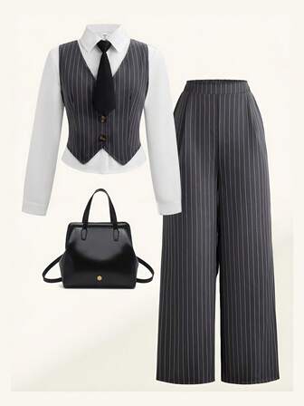 SHEIN Casuvi Kids 少女学院风休闲优雅 Y2K 背心、衬衫和裤子套装，时尚百搭，适合秋冬