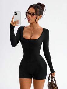 Dewbera 女士无缝高腰收腹短裤和长袖连体裤 - 黑色 - 查看 2