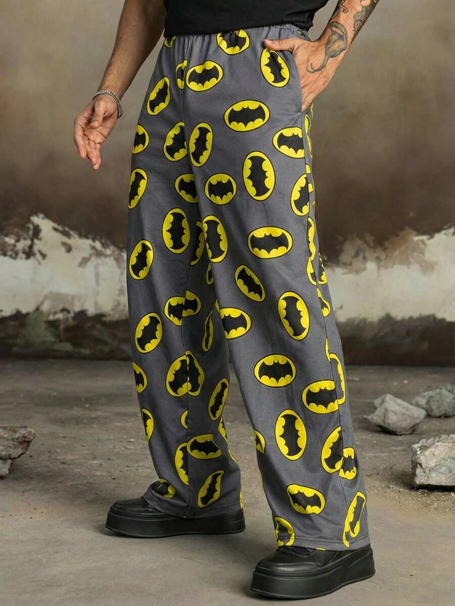BATMAN X SHEIN Men's Casual Everyday Bat Print Slant Pocket Sweatpants - Grey - View 1