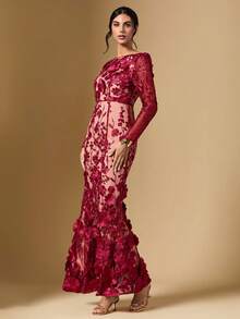 Briarwyn 女士优雅派对3D立体花卉刺绣网纱连衣裙 - 酒紅色 - 查看 8