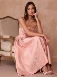 Enchnt High-End Evening Gown Collection: Elegant Ladies' Satin Jacquard Pleated Strapless Dress, Formal Gown, Pink Dress, Wedding Guest Dress,Spring/Summer