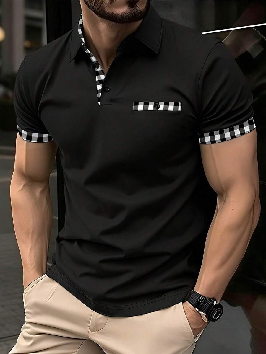 Manfinity Mode Áo polo nam tay ngắn in họa tiết kẻ caro, kiểu dáng thường ngày, thích hợp mặc đi làm, áo polo mùa hè cho nam, quần áo nam bán online, áo sơ mi đen nam, áo thun nam thời trang, áo thun thiết kế dành cho nam. - màu đen - Xem 1