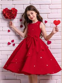 Elladie kids Summer Girls' Sleeveless Red Chiffon Elegant Dress With Big Bow, Suitable For Daily Wear - Burgundy - View 3