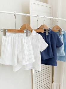 SHEIN LMoss Kids 6件套男童休闲校园风舒适时尚纹理面料短袖衬衫短裤套装，适合日常穿着、运动、郊游、上学、聚会、度假、拍照等场合，春夏皆宜。 - 藏蓝色 - 查看 8