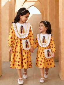 New Girls 4-7 Years Old Spring/Autumn Vintage Print Long Sleeve Dress, Fashionable & Cute Daily Outfit With Small Backpack, Casual, Chic, Suitable For School, Vacation, Travel, Outdoor, Back To School Kids Yellow Dress Yellow Church Dress For Girls Yellow Dress For Girls Little Girl Lemon Dress Bee Dress For Girl Yellow Rose Print Dress Little Girl Yellow Dress Girl Puff Sleeve Dress Muslim Clothes For Kids Thobes For Kid Girls Family Matching Dresses Kids Arabic Dress