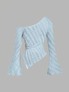 Sweetra Camiseta ajustada de manga acampanada de unicolor - Azul - Ver 2