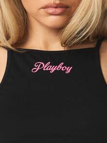 Missguided x Playboy Top sin mangas con diseño de logo bordado, top corto casual de verano - Negro - Ver 5