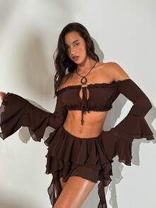 Aloruh Women's Off-Shoulder Ruffle Trim Long Sleeve Beaded Tie-Up Cropped Shirt, Bohemian Brown Blouse Beach Skirt Set Sexy Skirt Set - Brown - View 2