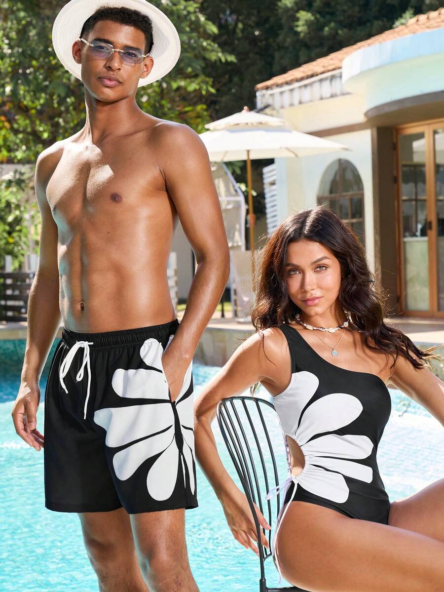 Manfinity VDAYZ Men's Graphic Print Drawstring Waist Pocket Casual Beach Shorts - Black - View 1