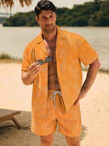 Manfinity Swimmode Men's Botanical Allover Print Front Button Casual Loose Beach Shorts Set - Yellow - View 3