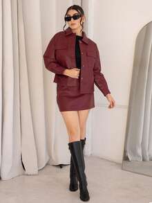 Andrea Bello 2 Stücke/Set Damen Jacke/Mantel Top und Mini Rock in Unifarbe - Bordeaux - Übersicht 5