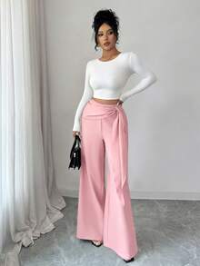 Elenzga New Women's Woven Twill Side Zipper Belt Flared Design Spring/Autumn Casual Loose Fit Elegant Trousers - Pink - View 5