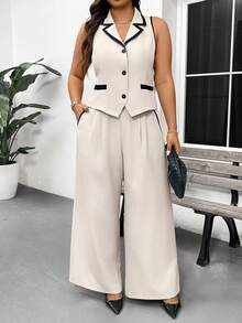 SHEIN Frenchy Bộ vest và quần không tay phối màu tương phản dành cho nữ cỡ lớn - Nhiều màu - Xem 3