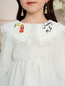 Young Girl Floral Lace Collar Long Sleeve Dress, Sweet & Cute Countryside Style, Spring/Autumn - White - View 8