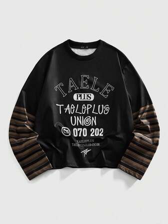 Goth Herren Lässig Patchwork gestreiftes Slogan Muster Rundhals Langarm T-Shirt, Herbst