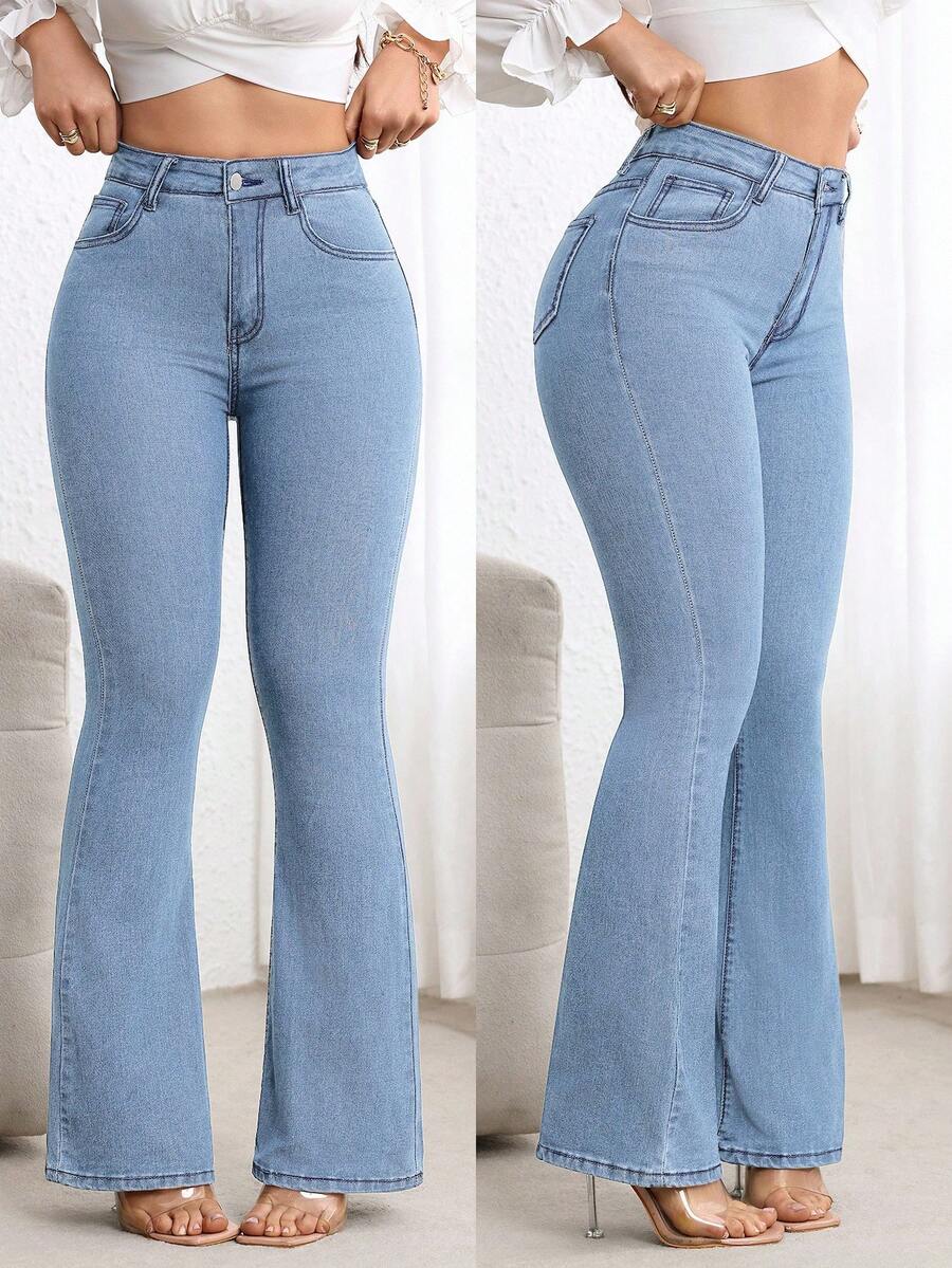 Flexra 纯色修身休闲百搭中腰喇叭牛仔裤 - 藍色 - 查看 1