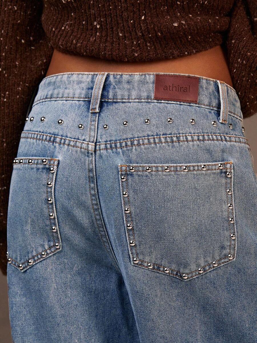 Athîral Denim Women's Rivet Decor Loose Casual Versatile Denim Jeans - Sky Blue - View 1