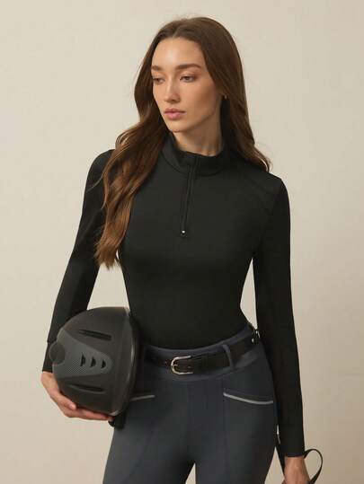 With My Calm Damesjas met lange mouwen, mesh, opstaande kraag en ritssluiting, geschikt voor paardrijden en andere sportieve activiteiten.