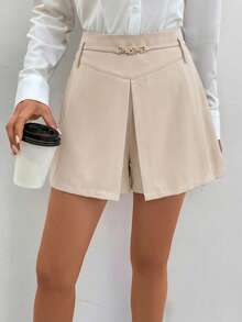 SHEIN Clasi Shorts elegantes de unicolor con decoración de cadena y abertura lateral para mujer - Albaricoque - Ver 6