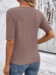 SHEIN Clasi Casual Solid Color Short Sleeve Knit Top - Khaki - View 2