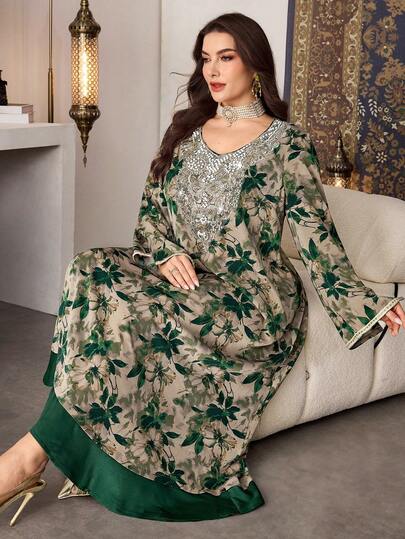 Al Najma 中东加大码女式水钻花卉印花优雅长袖简约时尚束腰上衣