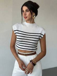 Firerie Women's Elegant Casual High Neck Loose Casual Versatile Sleeveless Striped Knit Tank Top, Suitable For Carnival,Party, Outings,Summer Outfits,Spring Outfit, Autumn/Winter/Spring/Summer Campus Wear,Daily - Black and White - View 5