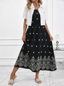 SHEIN Clasi Bộ đồ hai mảnh gồm áo hai dây in họa tiết toàn thân và áo khoác tay ngắn cài cúc phía trước dành cho nữ, thích hợp cho ngày Valentine, kỳ nghỉ hoặc mặc thường ngày. - Đen và trắng - Xem 7