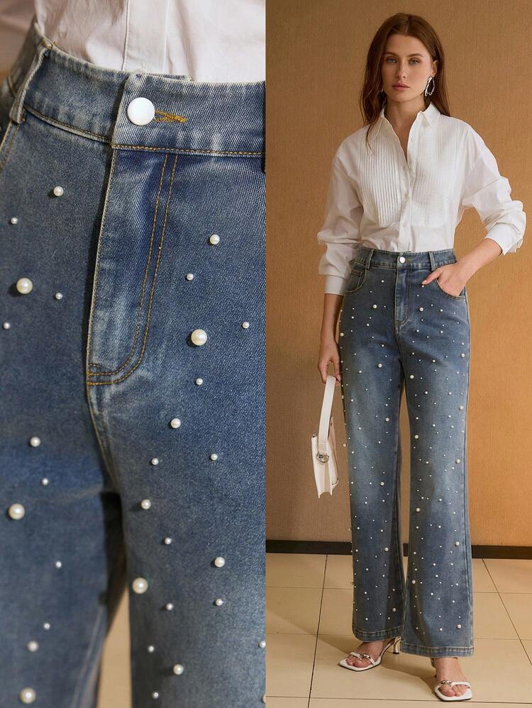 WOMEN'S PEARL EMBELLISHED FLARE LEG JEANS