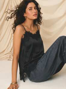 Aralina Elegant Beige Satin Lace Trim Spaghetti Strap Slim Fit Chic Vacation Outfits Women Cami Top Black Top Black Satin Cami Top Satin With Lace Trim Top Cute Going Out Top For Women Party Top - Black - View 4