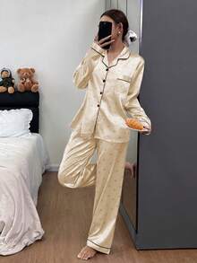 Dream Adore Faux Silk Heart Print Long Sleeve & Pants Pajama Set