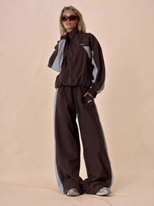 MUSERA Jaket Track Nylon Berkerah Oversize dengan Panel Kontras dan Resleting Penuh (Hanya Bagian Atas) Musim Semi, Toko Buku, Oversize, Bandara, Sporty, Festival, Streetwear, Musim Dingin, Kembali ke Sekolah, Santai, Sehari-hari, Musim Semi, Y2K - Dark Grey - View 3