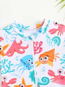 SHEIN بدلة سباحة قصيرة الأكمام للأطفال الصغار بطبعة سلحفاة بحرية كرتونية، مناسبة للشاطئ والمسبح في فصل الصيف - متعدد الألوان - مشاهدة 7