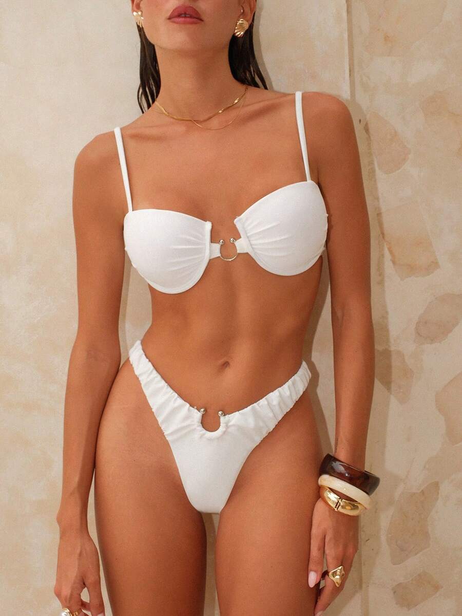 Swim Vcay Set de costume de baie bikini pentru femei, alb, cu design încrețit, cu halter, culoare solidă, sexy, din trei piese, potrivit pentru ținute de plajă de primăvară/vară