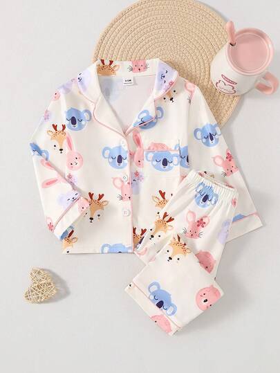 Set de pijama de 2 piezas con top de manga corta y pantalones cortos con estampado de animales de dibujos animados para niñas bebé