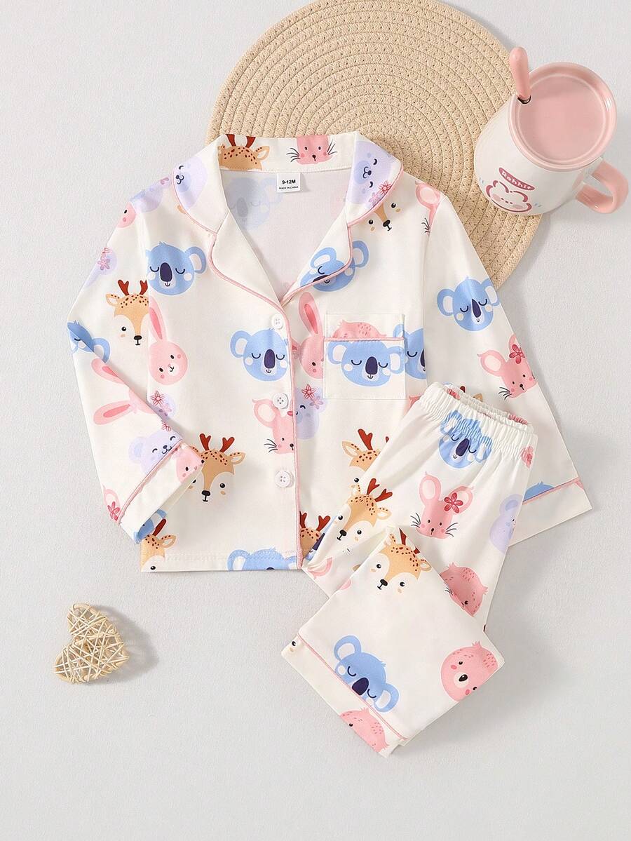 2 pezzi Set pigiama per bambine con cardigan a maniche corte e pantaloncini con stampa di cartoni animali su tutto il capo - Multicolore - Visualizzare 1