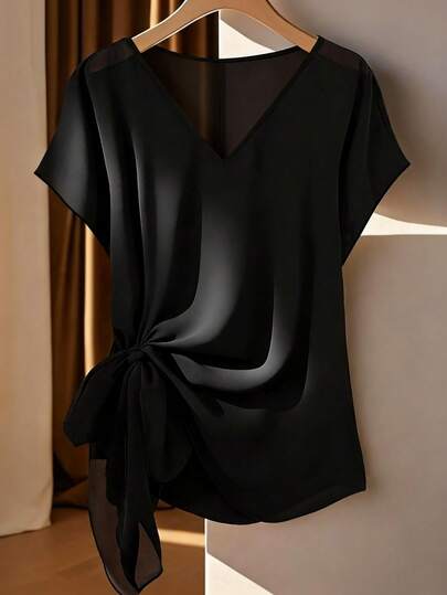 GlowEve CURVE Plus Size Women's Elegant Solid Color V-Neck Tie Front Blouse