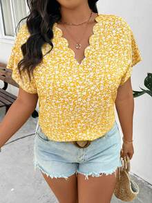 SHEIN Frenchy Plus Size Casual Vacation Shell Collar Batwing Sleeve Loose Pullover Shirt, Summer Tops - Multicolor - View 1