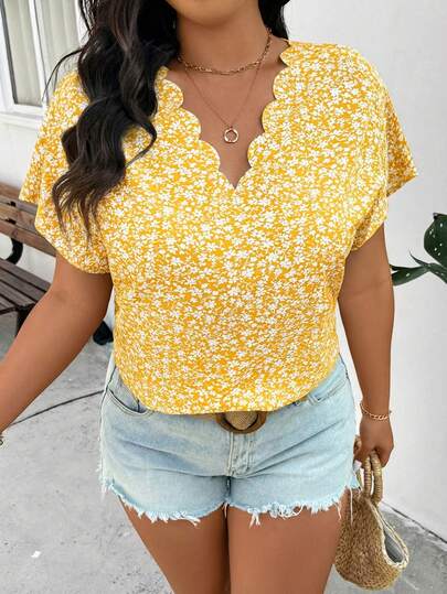 SHEIN Frenchy Plus Size Casual Vacation Shell Collar Batwing Sleeve Loose Pullover Shirt, Summer Tops